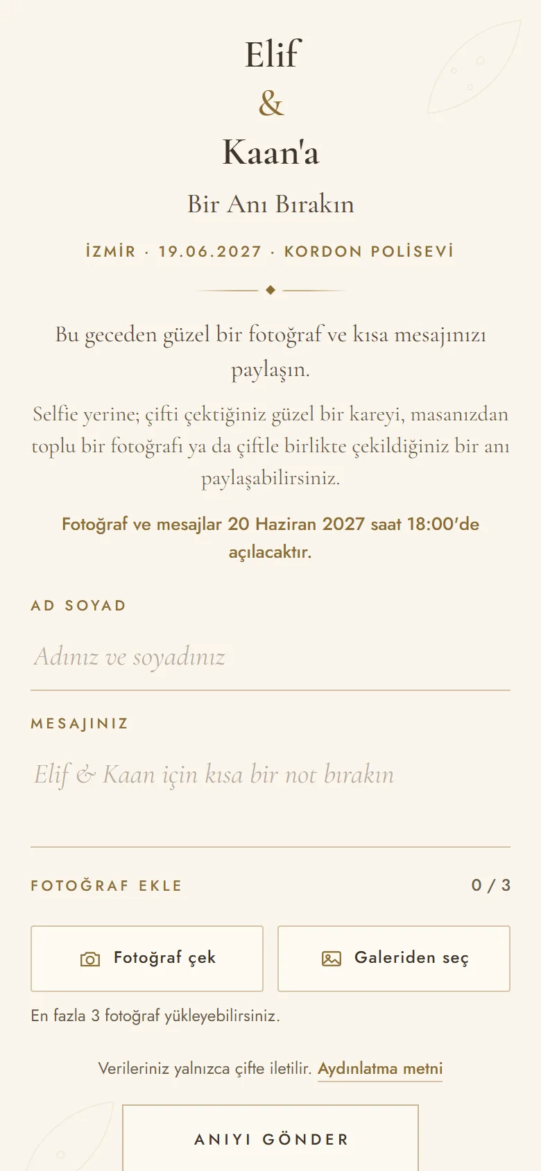 Misafirin telefonunda açılan anı bırakma ekranı